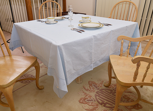Happy Festive 70" Square tablecloth. Baby Blue color